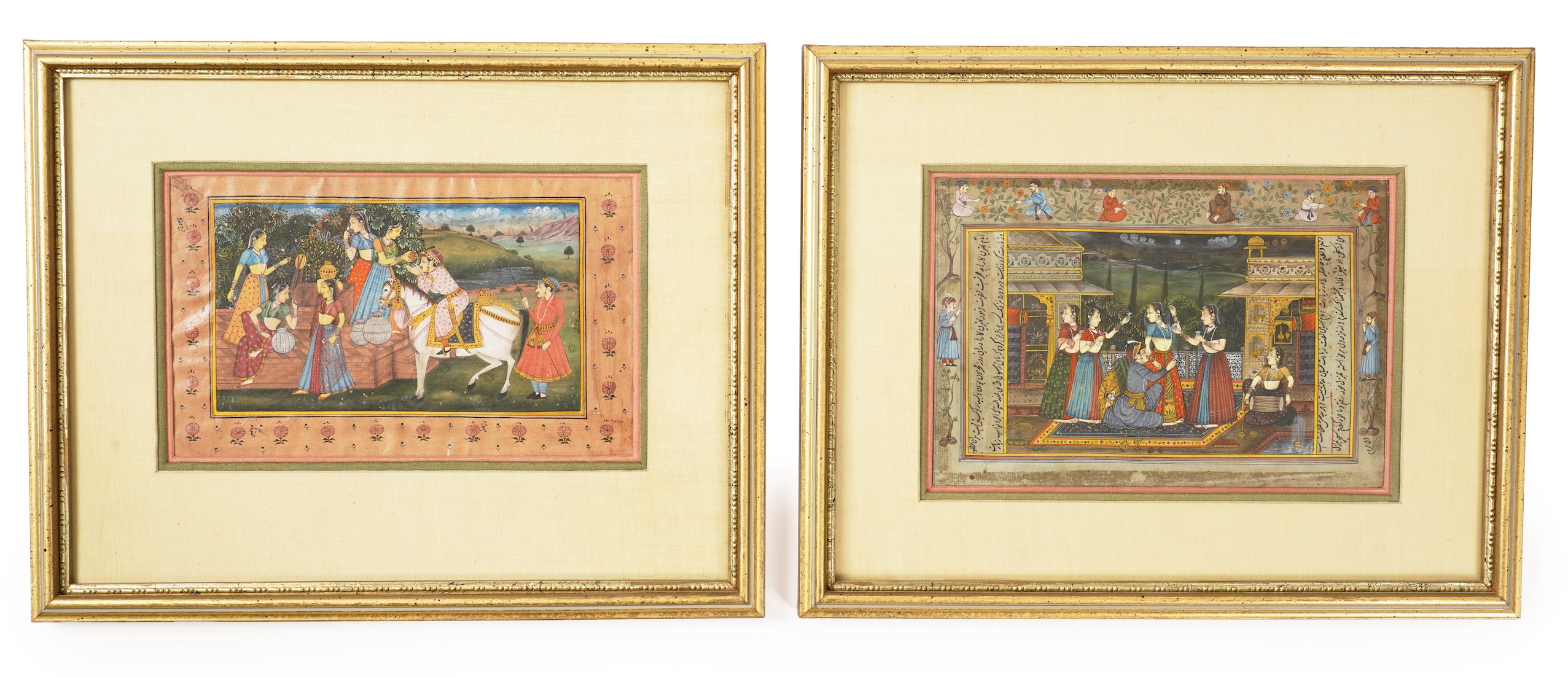 Indo-Persian school , (19th century), Mughal court scenes, Two gouache miniature paintings, Inscribed picture 18cm x 26.5cm, the second including borders 16.5cm x 26.5 cm